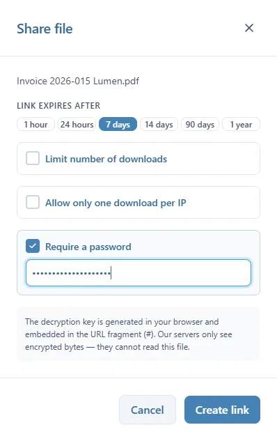 La fenêtre Share file : Link expires after réglé sur 7 days, les cases Limit number of downloads et Allow only one download per IP décochées, Require a password cochée avec un mot de passe saisi, la note sur la clé placée dans le fragment de l'URL, et les boutons Cancel et Create link