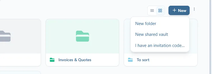 The New menu of the All folders block, open on three choices: New folder, New shared vault and I have an invitation code…