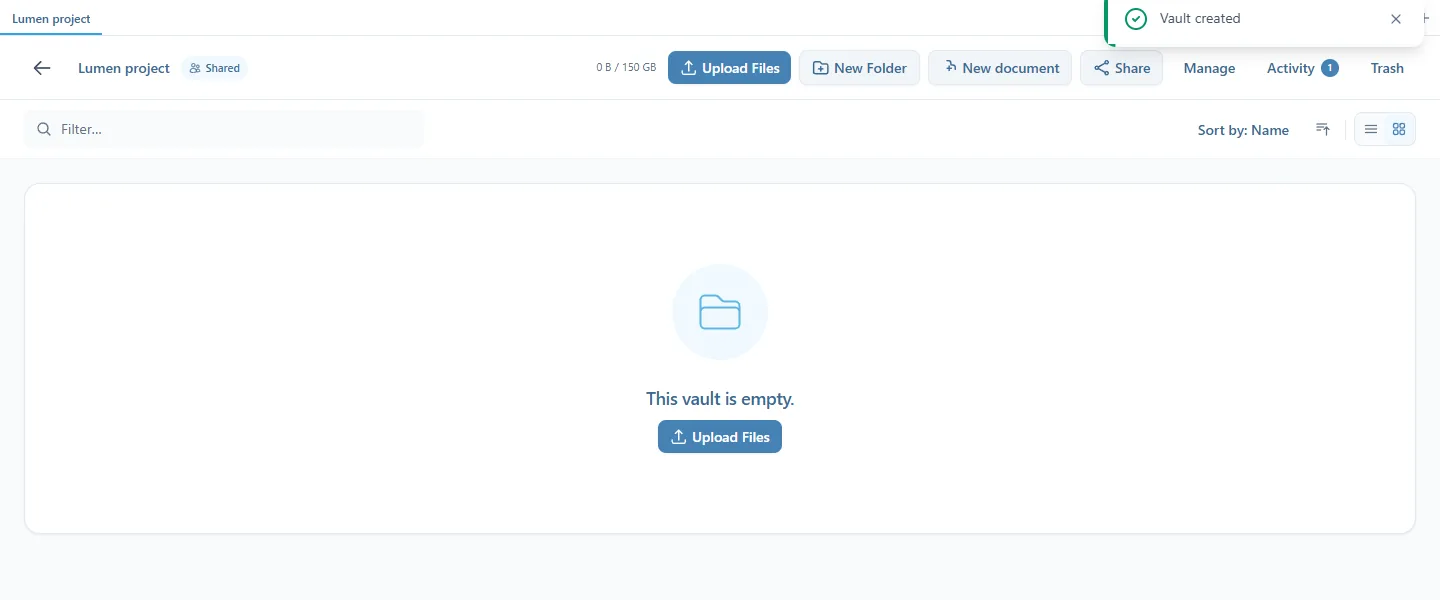 The new Lumen project vault with its Shared badge, the buttons Upload Files, New Folder, New document, Share, Manage, Activity and Trash, the message This vault is empty, and the Vault created confirmation at the top right