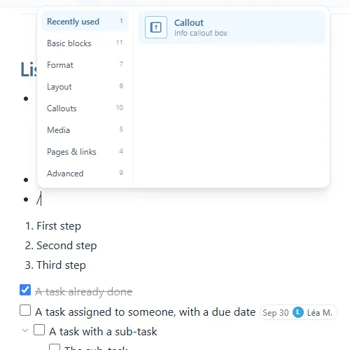 Le menu « / » : les catégories Recently used, Basic blocks, Format, Layout, Callouts, Media, Pages & links et Advanced à gauche, avec leur nombre de commandes, et la commande Callout à droite