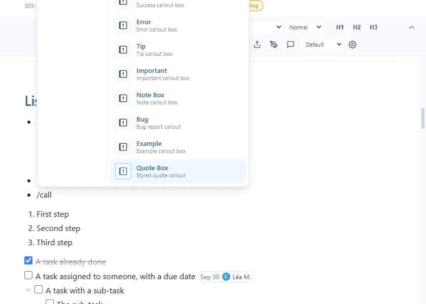Le menu filtré par « /call » : la liste des encadrés, de Success à Quote Box