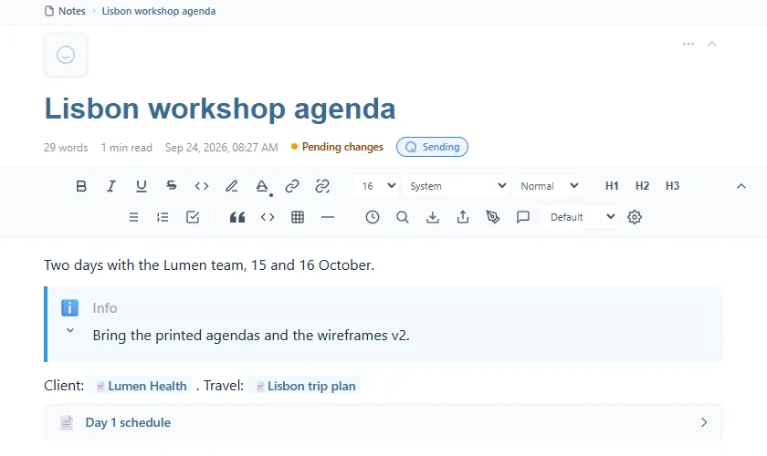 The home page Lisbon workshop agenda: the first line, an Info callout, the links to Lumen Health and Lisbon trip plan, and the sub-page block Day 1 schedule