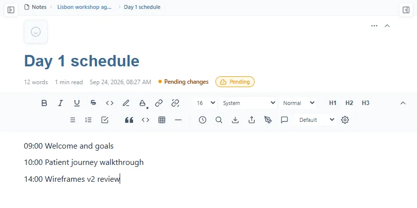 The sub-page Day 1 schedule, with the breadcrumb Notes > Lisbon workshop ag… > Day 1 schedule above its title and three lines of timetable