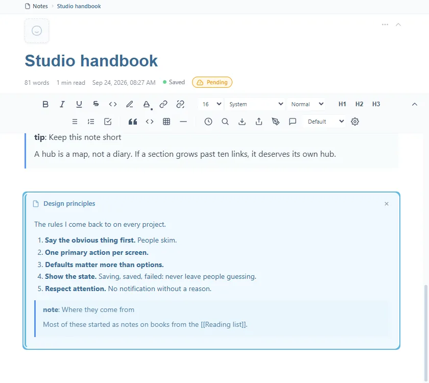 La note Studio handbook avec la note Design principles intégrée dans un cadre bleu : son titre en haut, une liste numérotée de cinq règles et un encadré