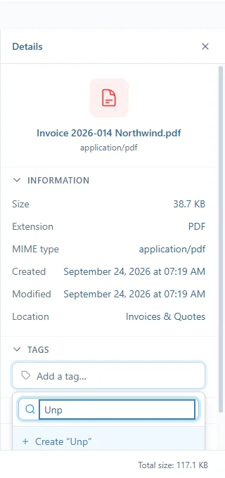 The same field on another invoice: typing "Unp" opens the list of suggestions under the field, which ends with Create "Unp"