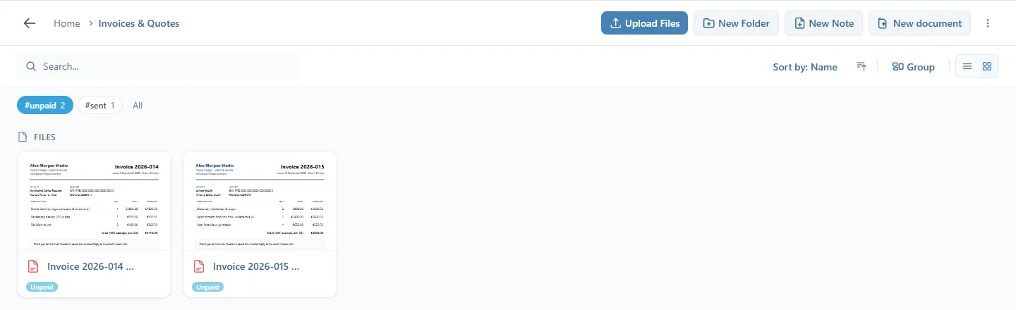 The same folder filtered on #unpaid: only the two unpaid invoices remain, and the All button appears next to the chips
