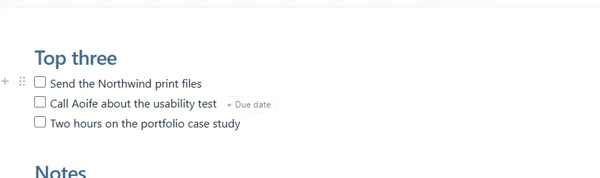 Une liste de trois tâches dans une note, avec le bouton + Due date au bout de la deuxième