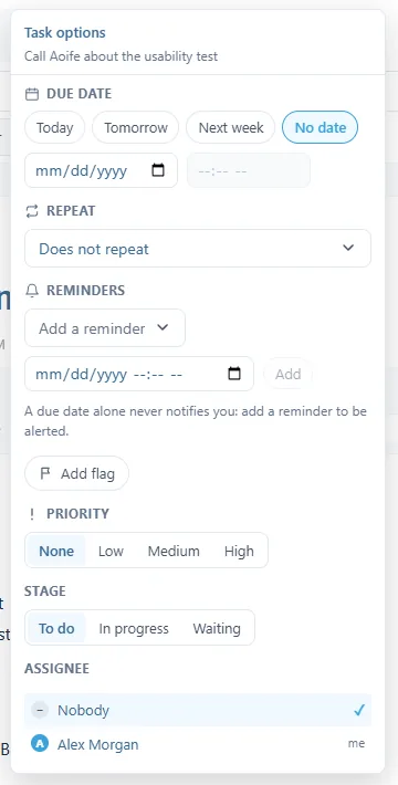 La fenêtre Task options : raccourcis d'échéance, répétition, rappels avec leur explication, drapeau, priorité, étape et personne