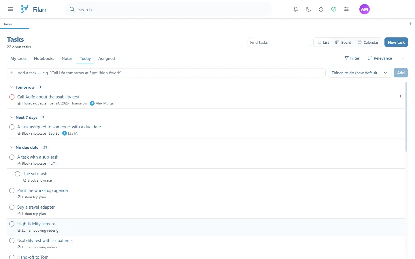 The Tasks page in List view on the Today tab: tasks grouped under Tomorrow, Next 7 days and No due date, each with the name of its note