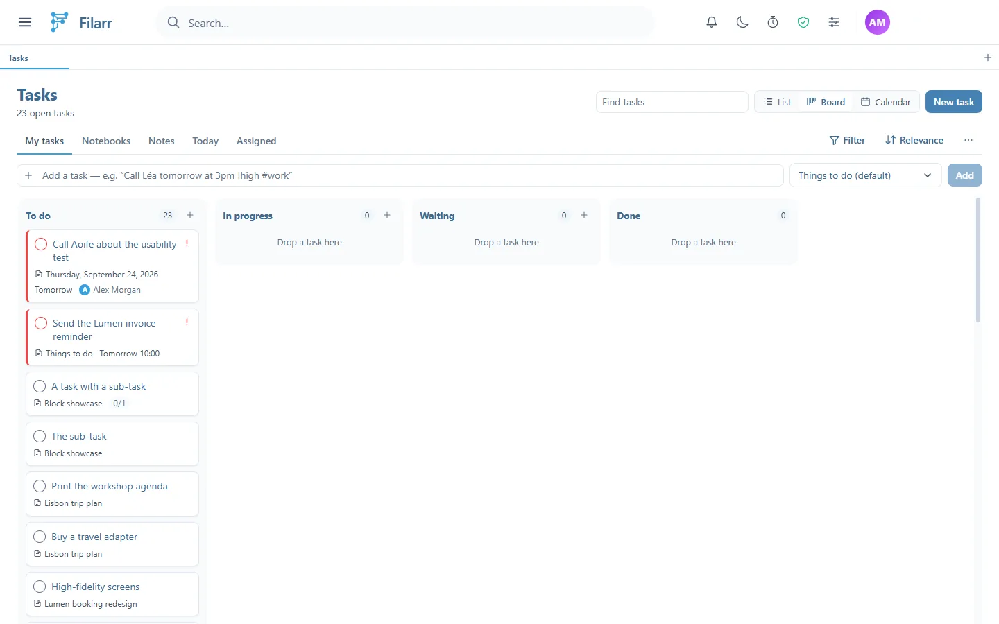 The board of the My tasks tab: To do, In progress, Waiting and Done