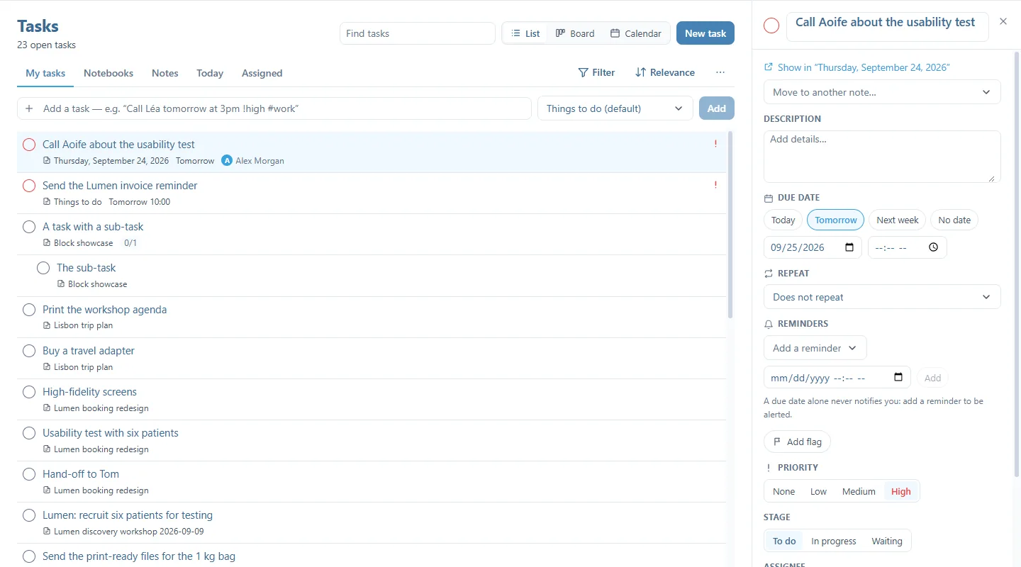 The Tasks page with a task selected: on the right, its title, Show in "Thursday, September 24, 2026", Move to another note…, the description, the due date, Repeat, Reminders, the flag, Priority and Stage