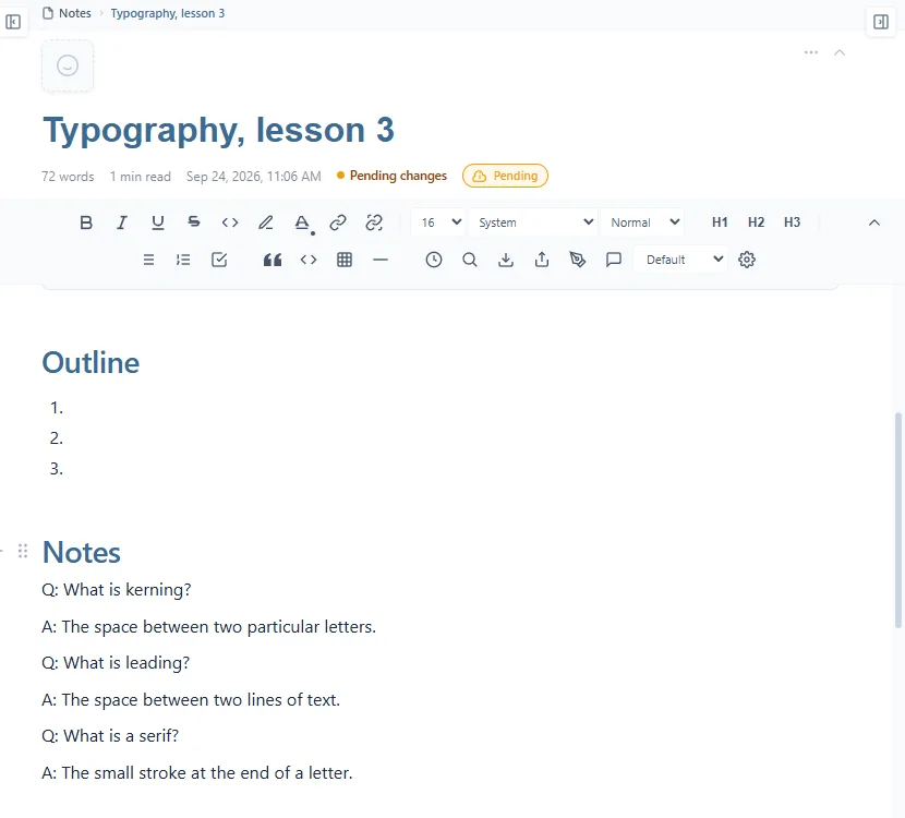 Une note créée avec le modèle Class notes et intitulée Typography, lesson 3 : la liste Outline, puis trois paires Q: et A: sous le titre Notes, et le plan de la note à droite