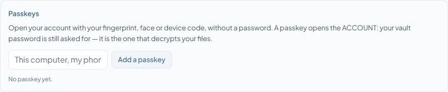 Web app, Settings, Security: the Passkeys section with the explanation, the field for the passkey name, the Add a passkey button and the line No passkey yet
