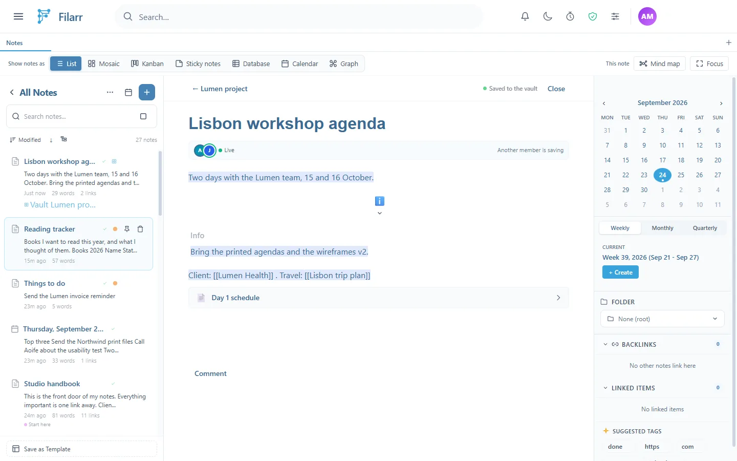Alex's desktop app with the note Lisbon workshop agenda open: ← Lumen project and Saved to the vault above the title, the Live bar with two avatars and Another member is saving, the text of the note and the Comment button below it