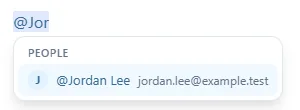 The mention menu: @Jor typed in the note, and under People the choice @Jordan Lee jordan.lee@example.test