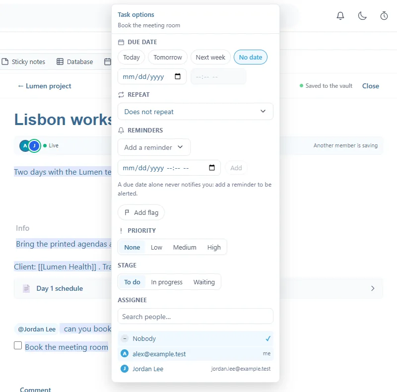 The Task options window for the task Book the meeting room: Due date, Repeat, Reminders, Add flag, Priority, Stage, and under Assignee the Search people… field with Nobody, alex@example.test (me) and Jordan Lee