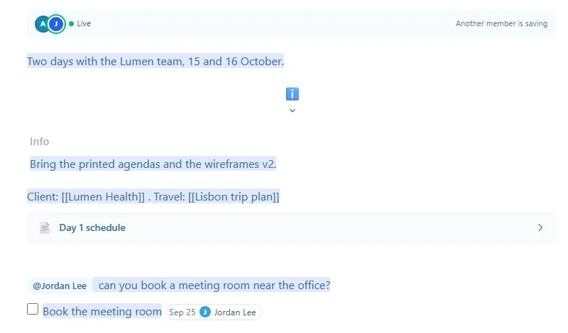 In the note, the mention @Jordan Lee followed by can you book a meeting room near the office?, and under it the task Book the meeting room with its chip Sep 25 and Jordan Lee