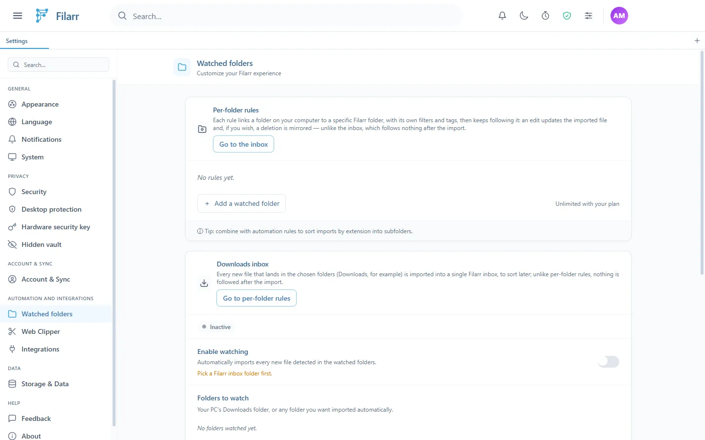 Paramètres, page Watched folders : la section Per-folder rules avec Add a watched folder et Unlimited with your plan, puis la section Downloads inbox, inactive, avec Enable watching et Folders to watch