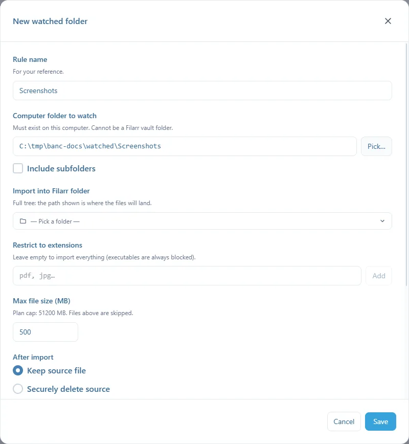 La fenêtre New watched folder : Rule name Screenshots, le dossier de l'ordinateur à surveiller avec Pick…, Include subfolders, Import into Filarr folder, Restrict to extensions, Max file size (MB), et After import avec Keep source file sélectionné