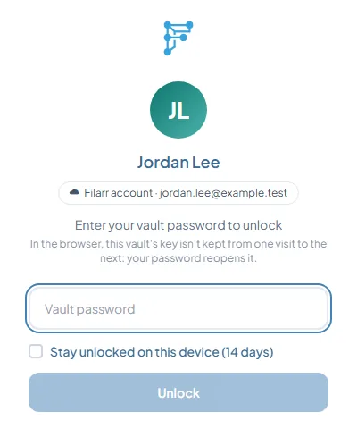 The lock screen of the web app: Enter your vault password to unlock, the note that the browser does not keep the key from one visit to the next, the Vault password field, the box Stay unlocked on this device (14 days) and Unlock