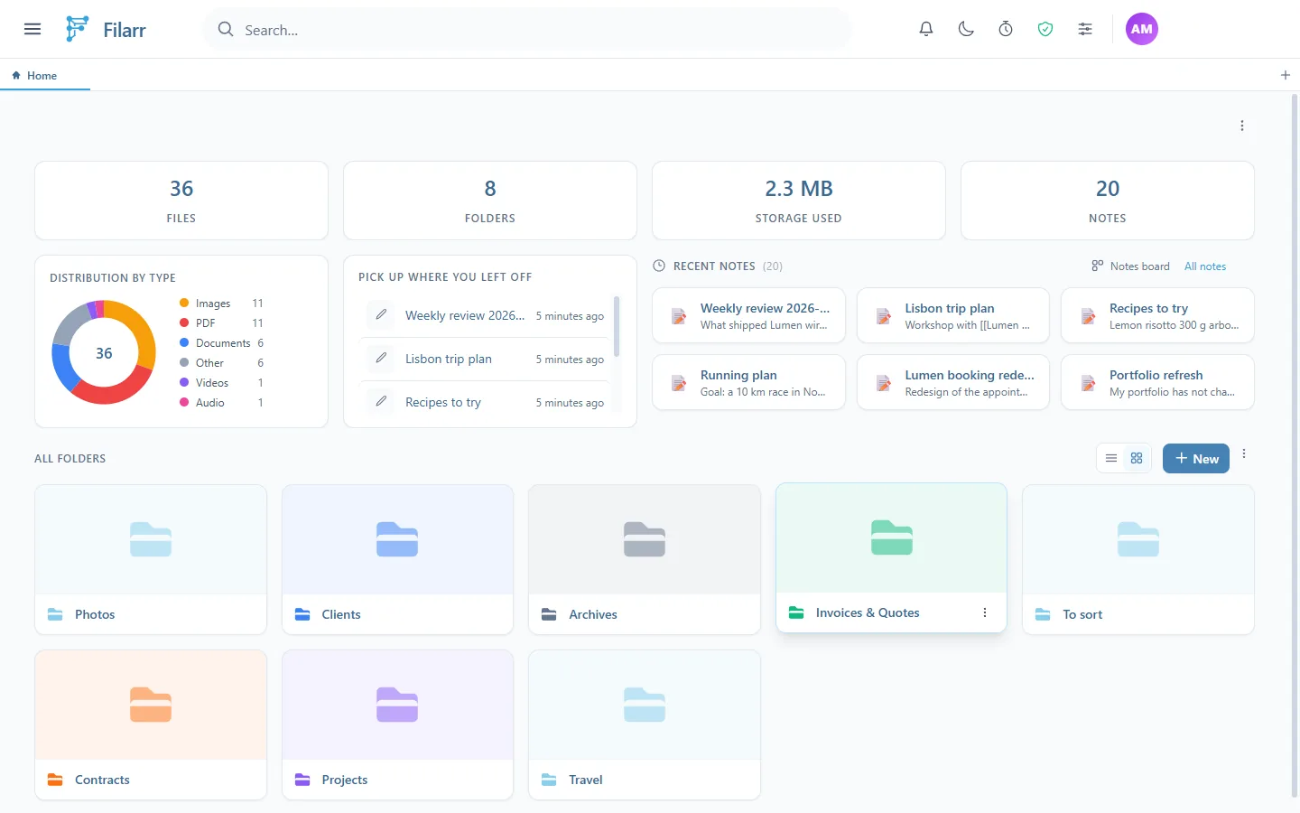 The Filarr home screen: the number of files, folders and notes, the split by file type, the notes you worked on last and the folder grid