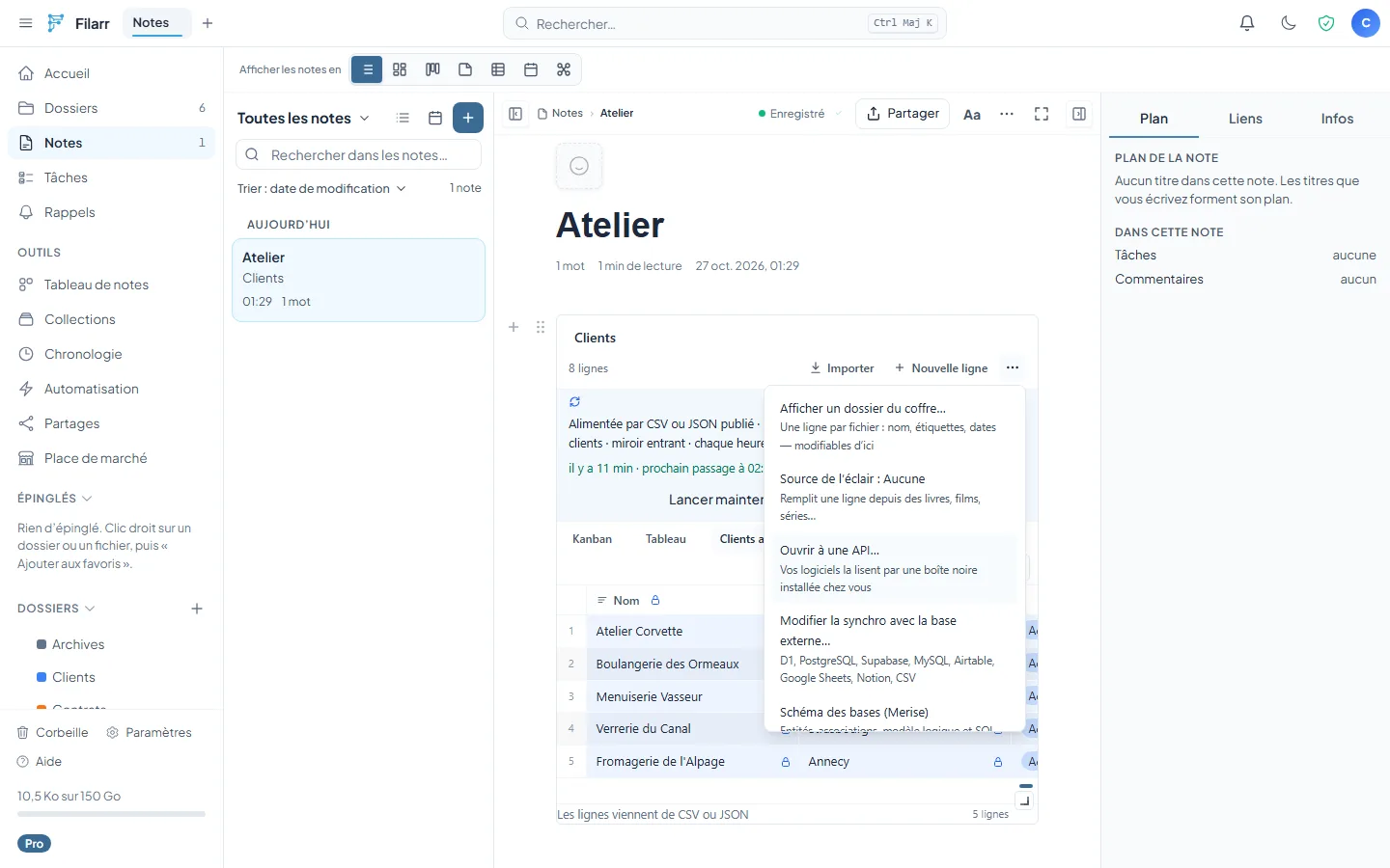 Le menu « ··· » d’une base dans Filarr, avec « Ouvrir à une API… »