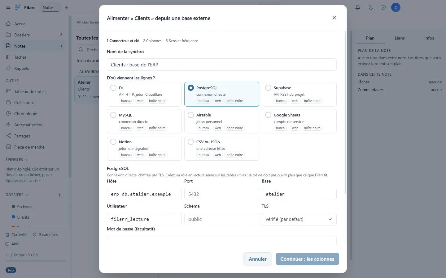 Alimenter une base depuis une base externe : le choix du connecteur, ici PostgreSQL, proposé au bureau et à la boîte noire