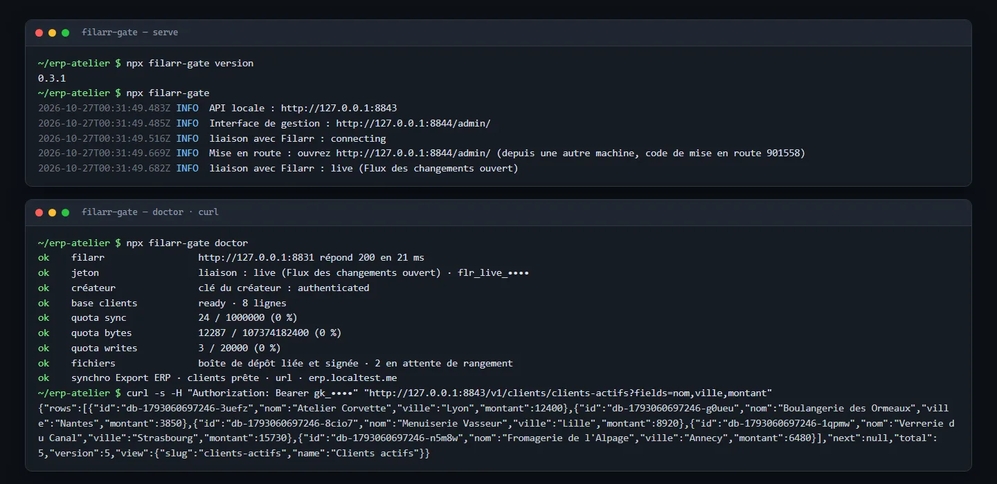 Filarr Gate 0.3.1 dans un terminal : le lancement, la liaison en direct avec Filarr, puis « doctor » et un premier appel à la vue des clients actifs
