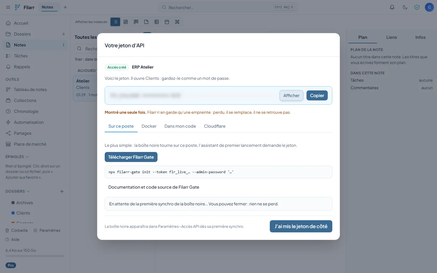 Le jeton d’API, montré une seule fois, avec les quatre façons d’installer Filarr Gate