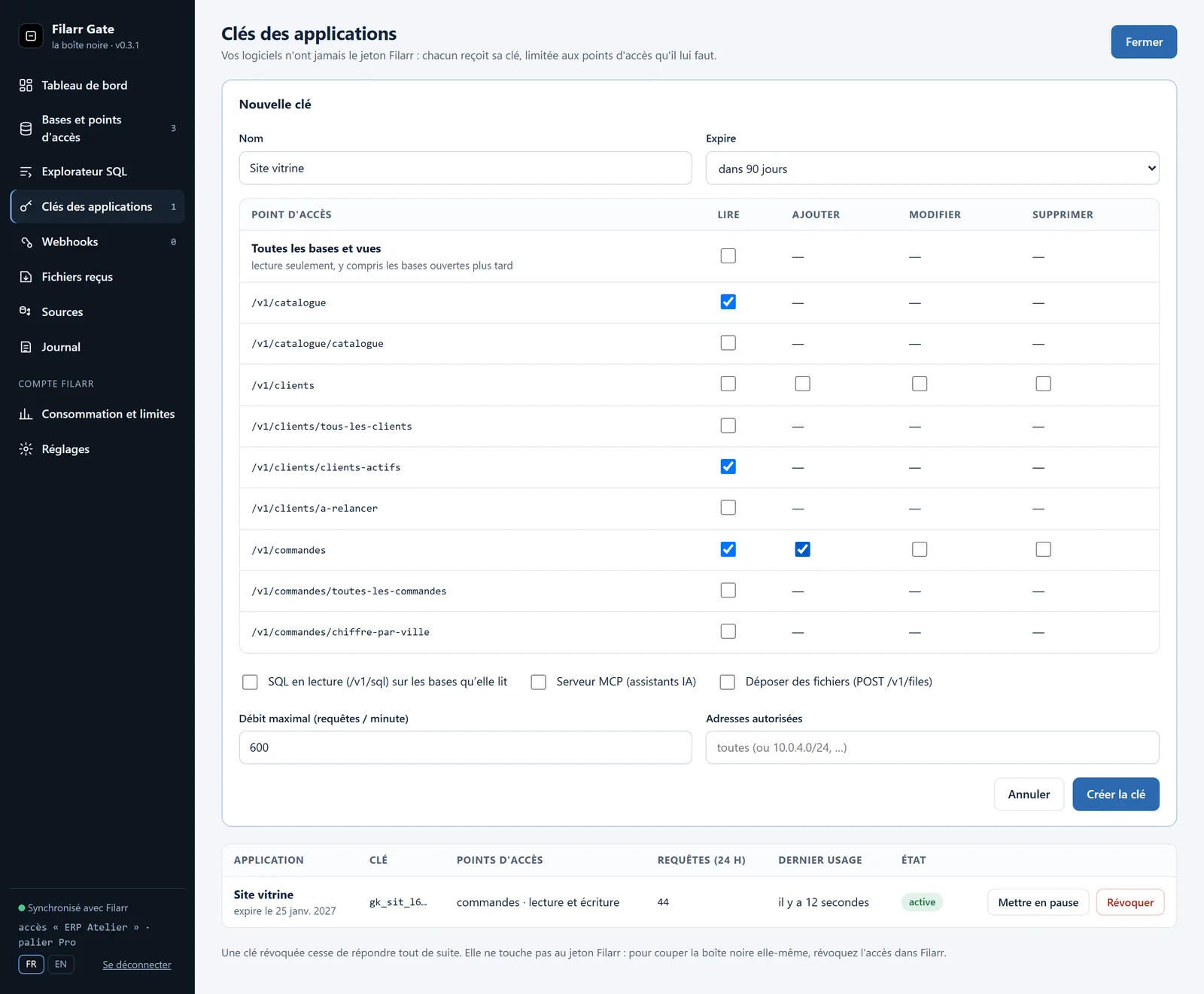 Créer une clé d’application : le site vitrine lit le catalogue et les clients actifs, et ajoute des commandes