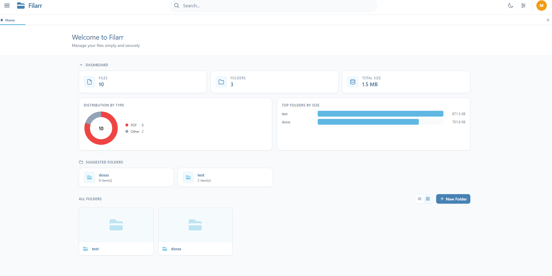 Filarr dashboard — files, folders, and storage overview