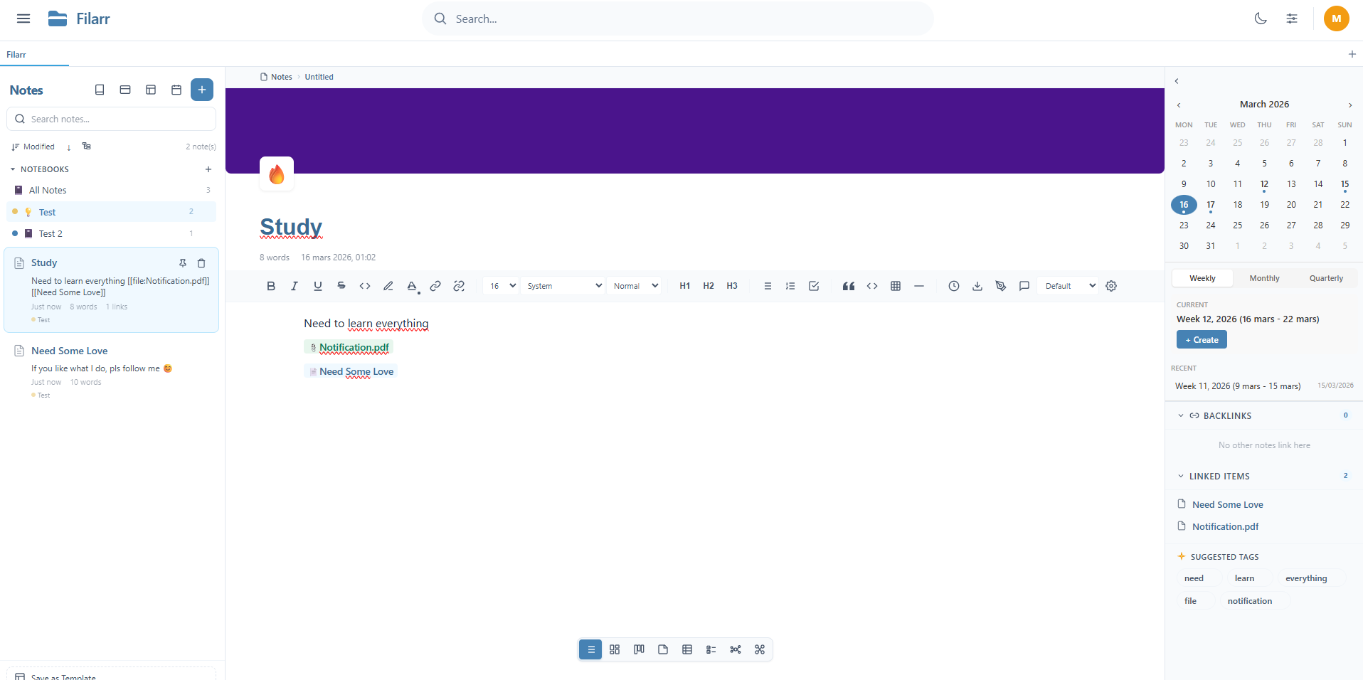 Rich note editor with wiki-links, backlinks, calendar, and toolbar